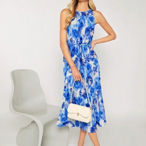 . Dresses & Skirts - Blue Boho Womens Allover Print Pleated Belted Dress